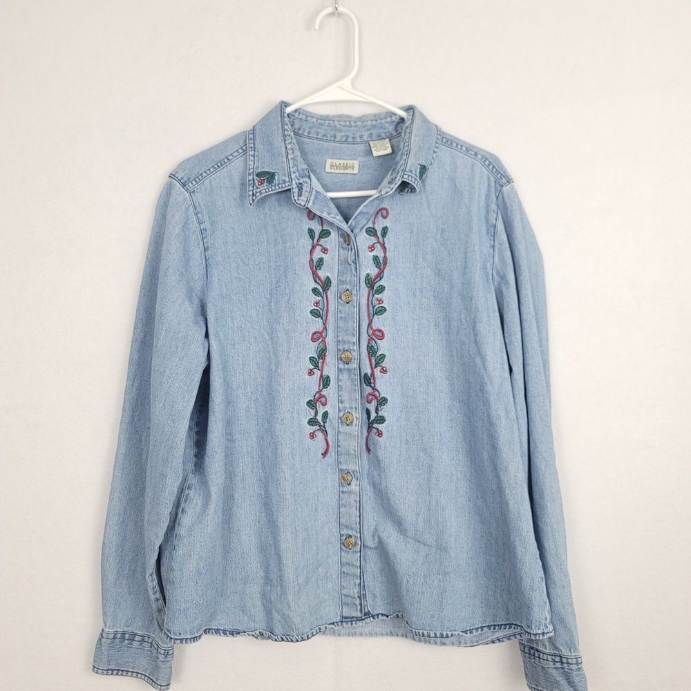 VTG‎ Classic Elements XL Greenery Embroidery Denim Top 100% cotton Grandma core